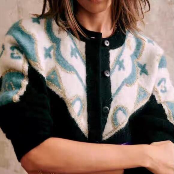 Sezane Gilet Margaux Cardigan Sweater Noir Black Blue Multi - Picture 2 of 6